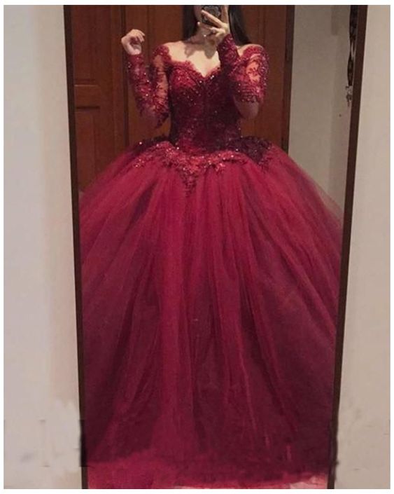 Vestidos de baile de tul con mangas largas y apliques de encaje color burdeos S20959