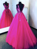 Robe de bal rose fuchsia en tulle et dentelle, col V, dos nu, robe de soirée rose fuchsia à fleurs S23094
