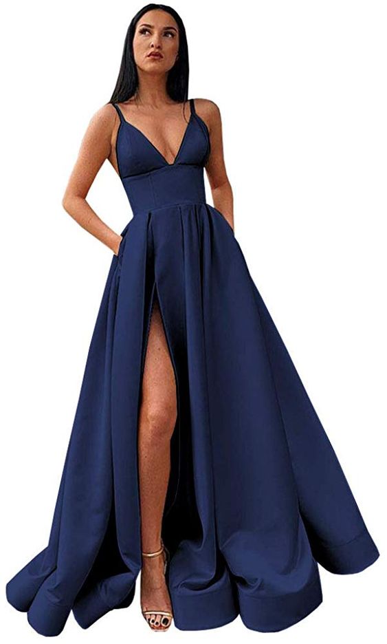 Robe de bal longue en satin à col en V fendu, bretelles spaghetti et poches S14431 