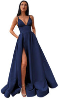 Robe de bal longue en satin à col en V fendu, bretelles spaghetti et poches S14431 