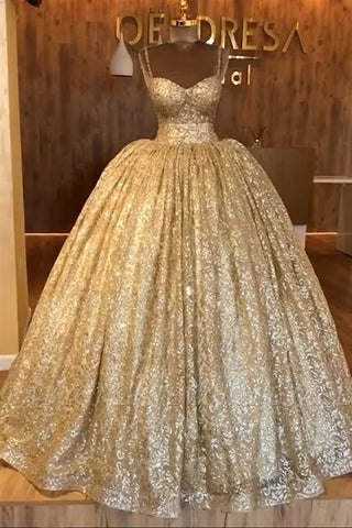 Spaghetti Straps Gold Evening Dress | Luxury Ball Gown Princess Prom Dress S19116