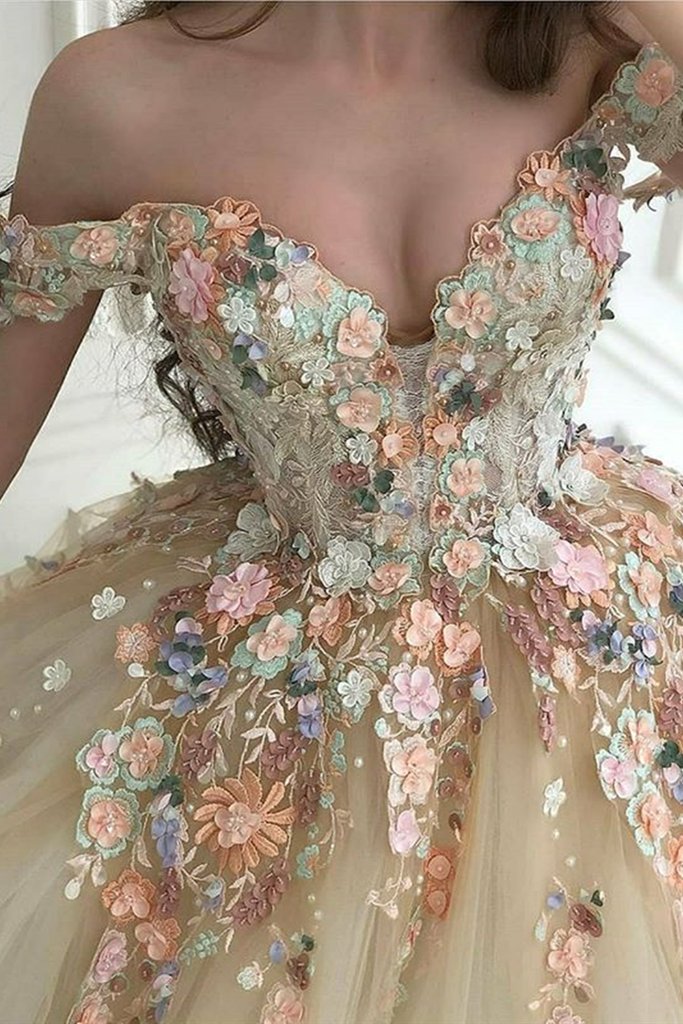 Precioso vestido de fiesta con hombros descubiertos, encaje floral color champán, vestido largo de noche formal color champán con flores 3D, vestido de gala color champán S20716