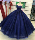 Robe de bal bleue en tulle bleu ornée de perles et d'un décolleté en cœur (S16691)