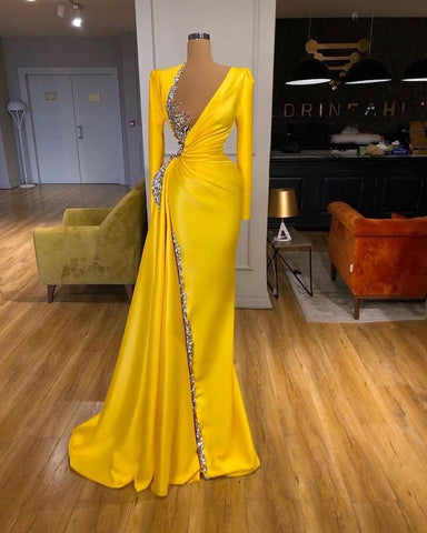 Vestido de noche amarillo, vestido de noche de manga larga, vestido de noche formal, vestido de noche con cuentas S23450