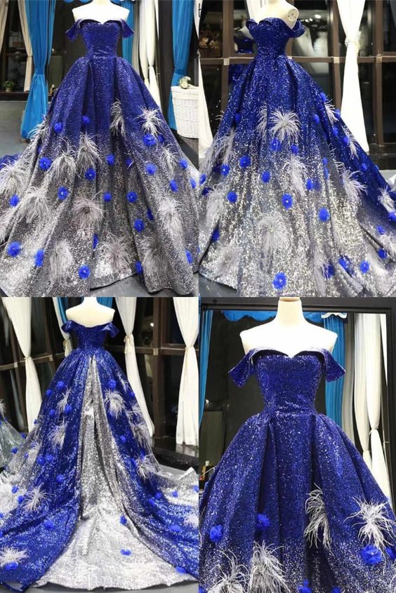 Vestido de gala azul real con hombros descubiertos, vestido de baile con lentejuelas, talla grande, vestido formal S20992