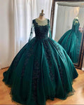 Robe de bal vert chasseur, manches longues, S15614