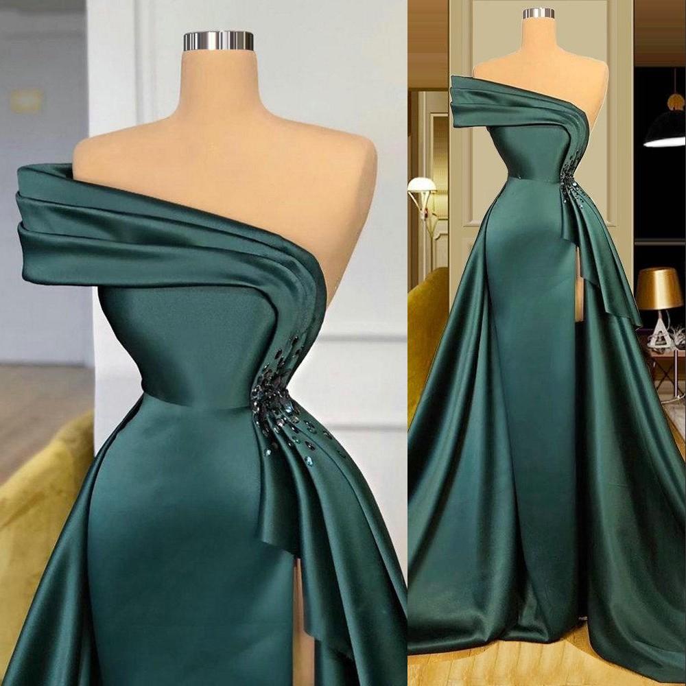 Nuevos vestidos largos de noche de satén, elegantes vestidos de noche con fruncido, cuentas de cristal, abertura en un solo hombro, vestidos de fiesta formales para mujer S23314