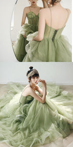 Vestido de baile de gala verde salvia con tirantes, vestido de fiesta formal de primavera S21224