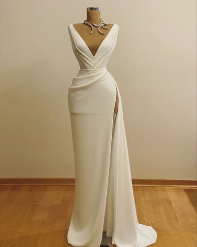 Vestido de noche largo de fiesta con escote en V y abertura lateral S23456