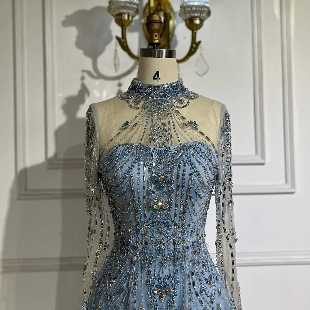 Vestidos de noche de lujo árabes de corte A, encaje azul y cuentas, para mujer, ideales para fiestas en Dubái (LA72704) 