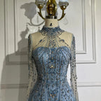 Vestidos de noche de lujo árabes de corte A, encaje azul y cuentas, para mujer, ideales para fiestas en Dubái (LA72704) 