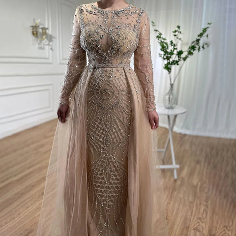Muslim Silver Nude Mermaid Gown with Detachable Overskirt Beaded Evening Dress for Women Wedding Party 2025 LA71919