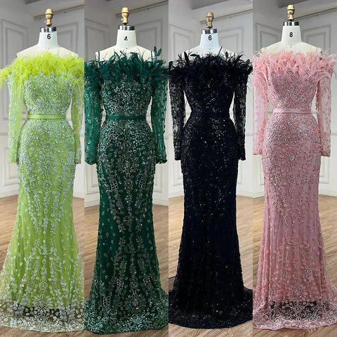 Luxury Dubai Green Boat Neck Mermaid Elegant Feathers Beaded Evening Dresses Gowns For Woman Wedding Party LA72553