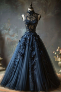Vestido de baile vintage de cuello alto con apliques de encaje de tul, vestido azul marino para cumpleaños, graduación o quinceañera Y8039