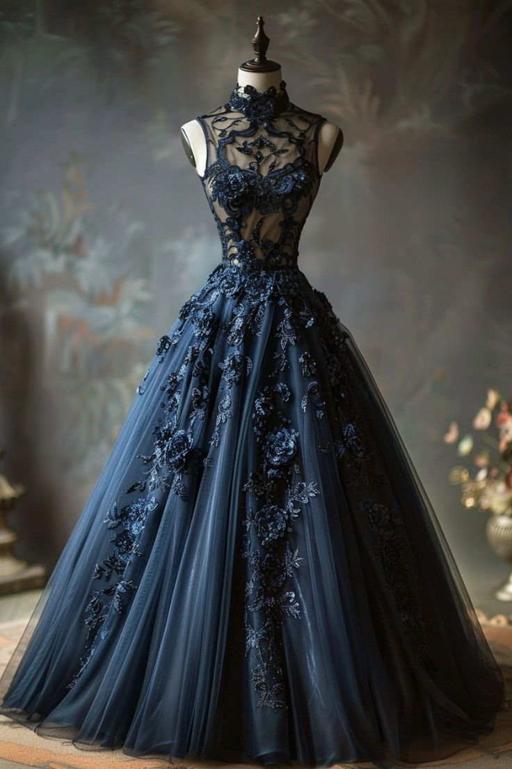 Vestido de baile vintage de cuello alto con apliques de encaje de tul, vestido azul marino para cumpleaños, graduación o quinceañera Y8039