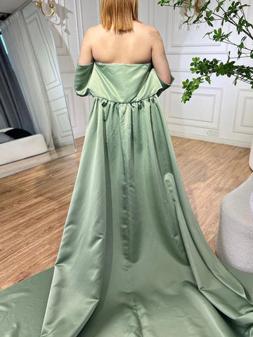 Luxury Sage Green Beaded Evening Dress with Cape LA72126