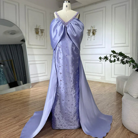 Robe de soirée lilas à épaules dénudées et cape ornée de perles, tenue de soirée de mariage LA72529