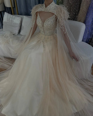 Arabic Beige A-Line Feathers Long Cape Luxury Beaded Saudi Evening Dresses Gowns for Formal Occasion 2025 LA72722