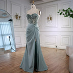 Classy Light Green Satin Prom Dress with Lace and Slit LA73032A