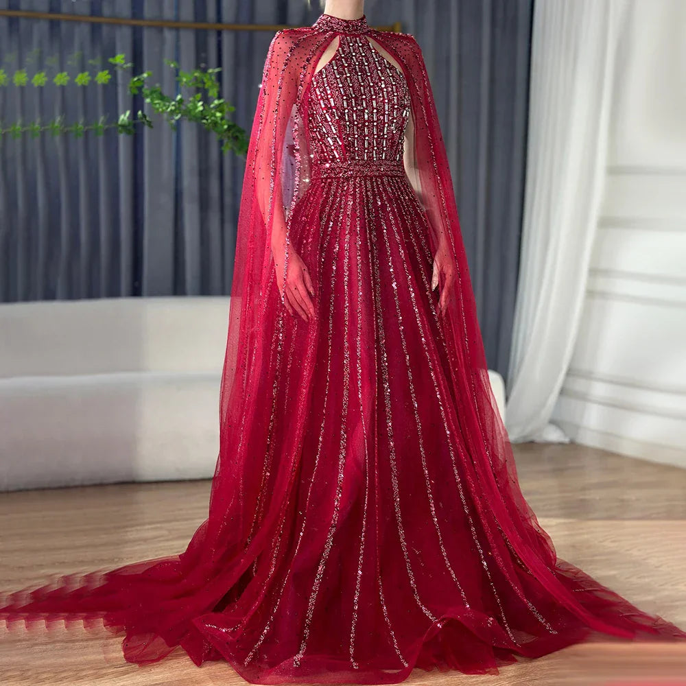 Robe de soirée de luxe style arabe turquoise, coupe trapèze, manches cape, perles, style Dubaï, pour femmes, fête de mariage, 2025, LA72306A 