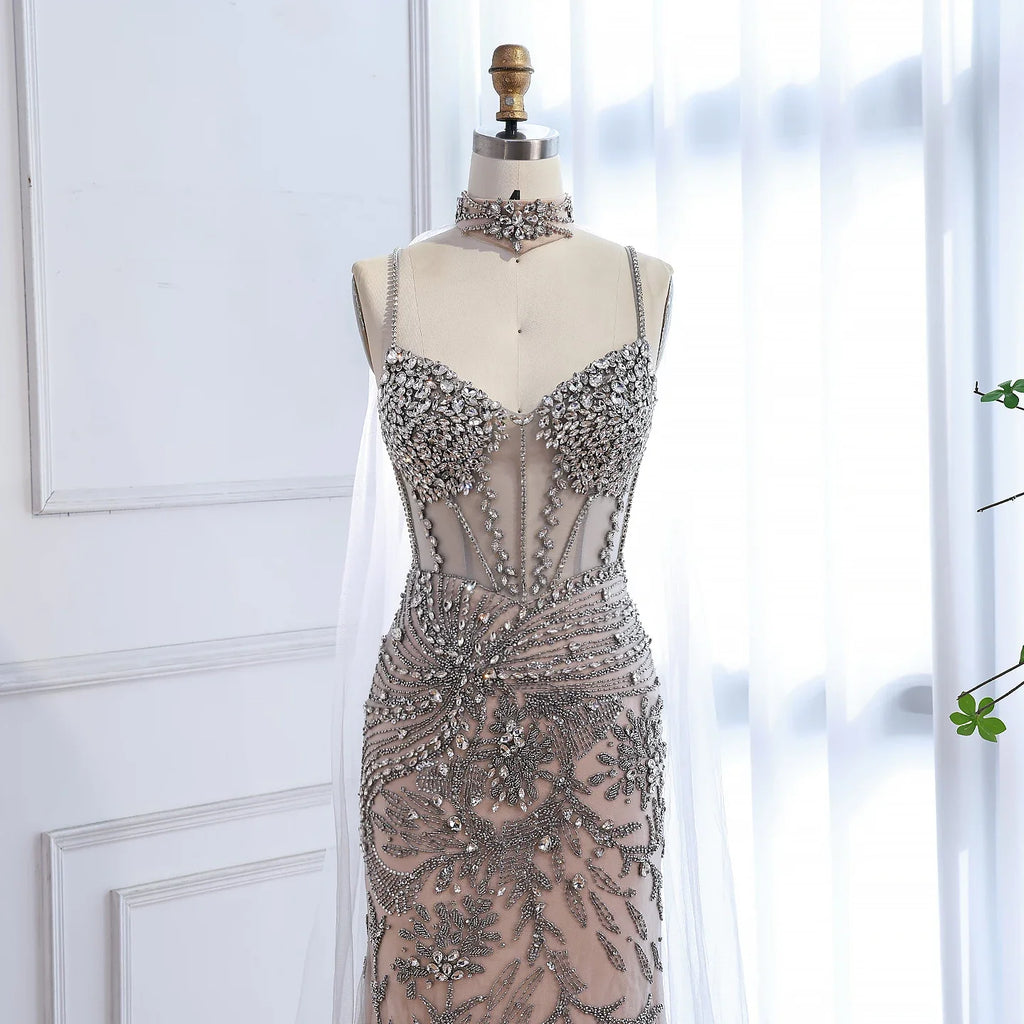 Luxury Evening Dress Grey Beaded With Cape LA73342