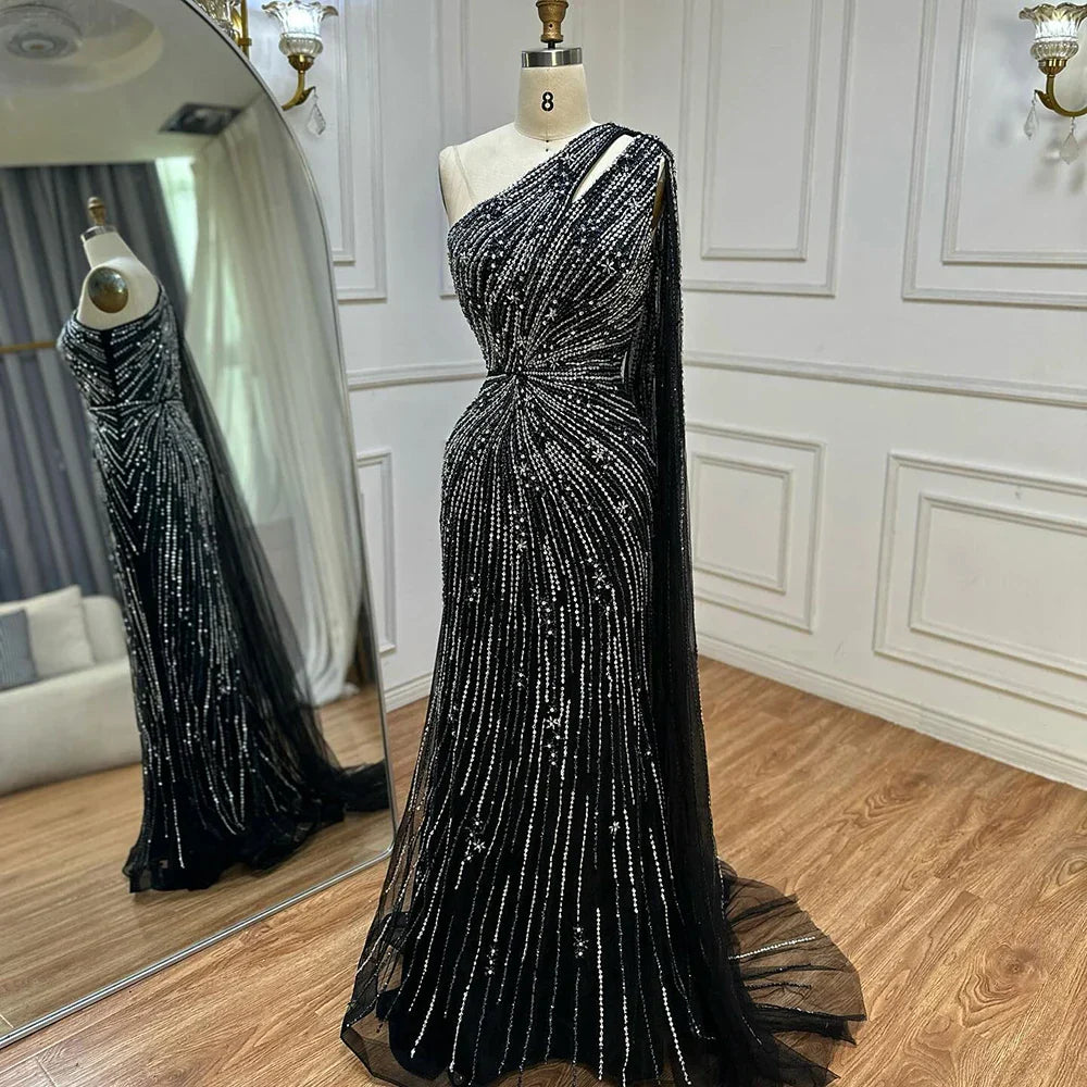 Vestido de noche de sirena con abertura alta y un solo hombro, con cuentas, estilo saudí, color negro, para ocasiones formales LA72829 