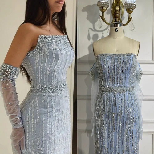 Vestido de noche de lujo estilo sirena azul árabe 2025, sin tirantes, con guantes y cuentas, vestido de fiesta para mujer, boda LA71950 
