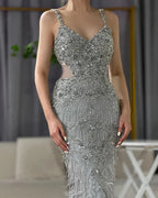 Vestidos de noche de sirena color gris árabe con tirantes finos, lujosos con cuentas, 2025 para bodas y fiestas de mujeres LA71652A 