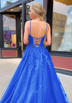 Vestido de fiesta de tul azul árabe corte A con tirantes finos y apliques para mujer LA72678 