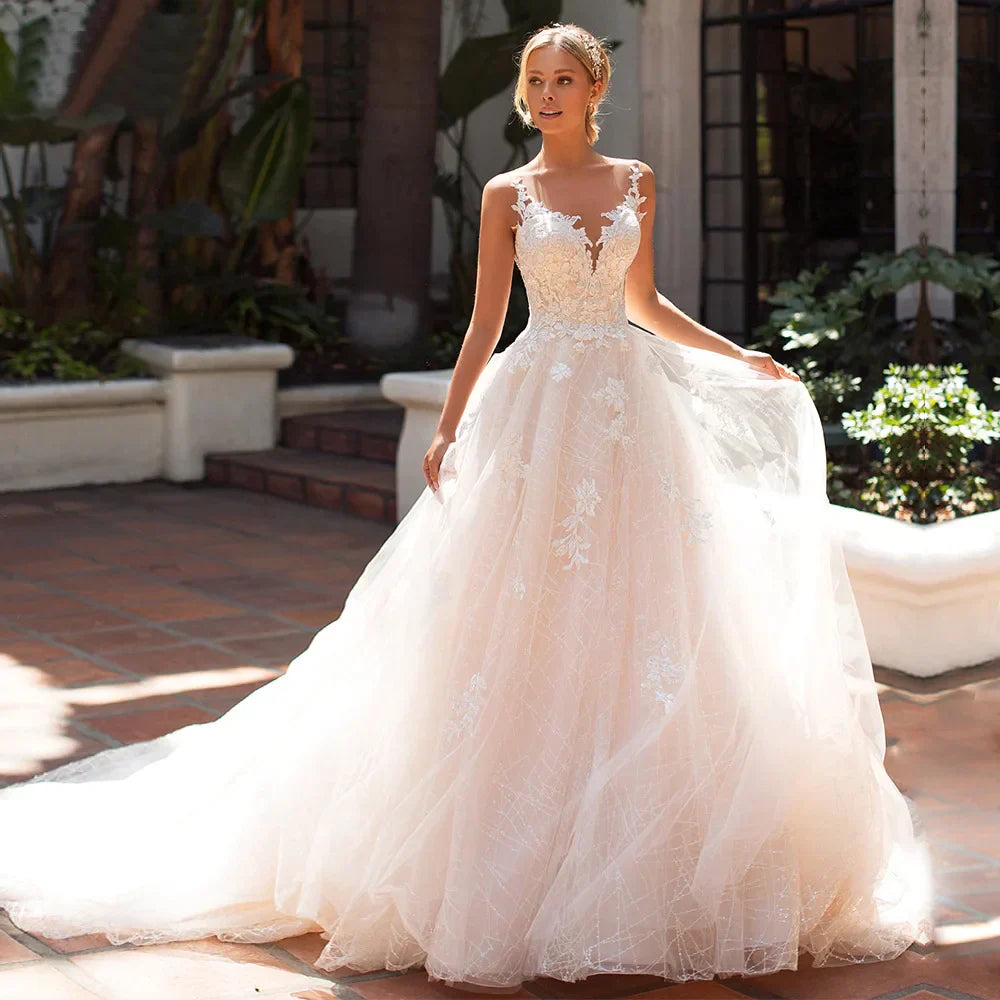 Apliques Vestido De Noiva con cuello en V profundo sin espalda Vestidos De Novia sin mangas Vestidos De Novia De encaje bata De Mariée
