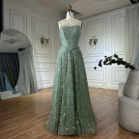 Sage Green Beaded A-Line Spaghetti Strap Evening Dress Gown LA72805