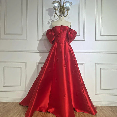 Elegante vestido de noche rojo con hombros descubiertos y flores 3D LA72778