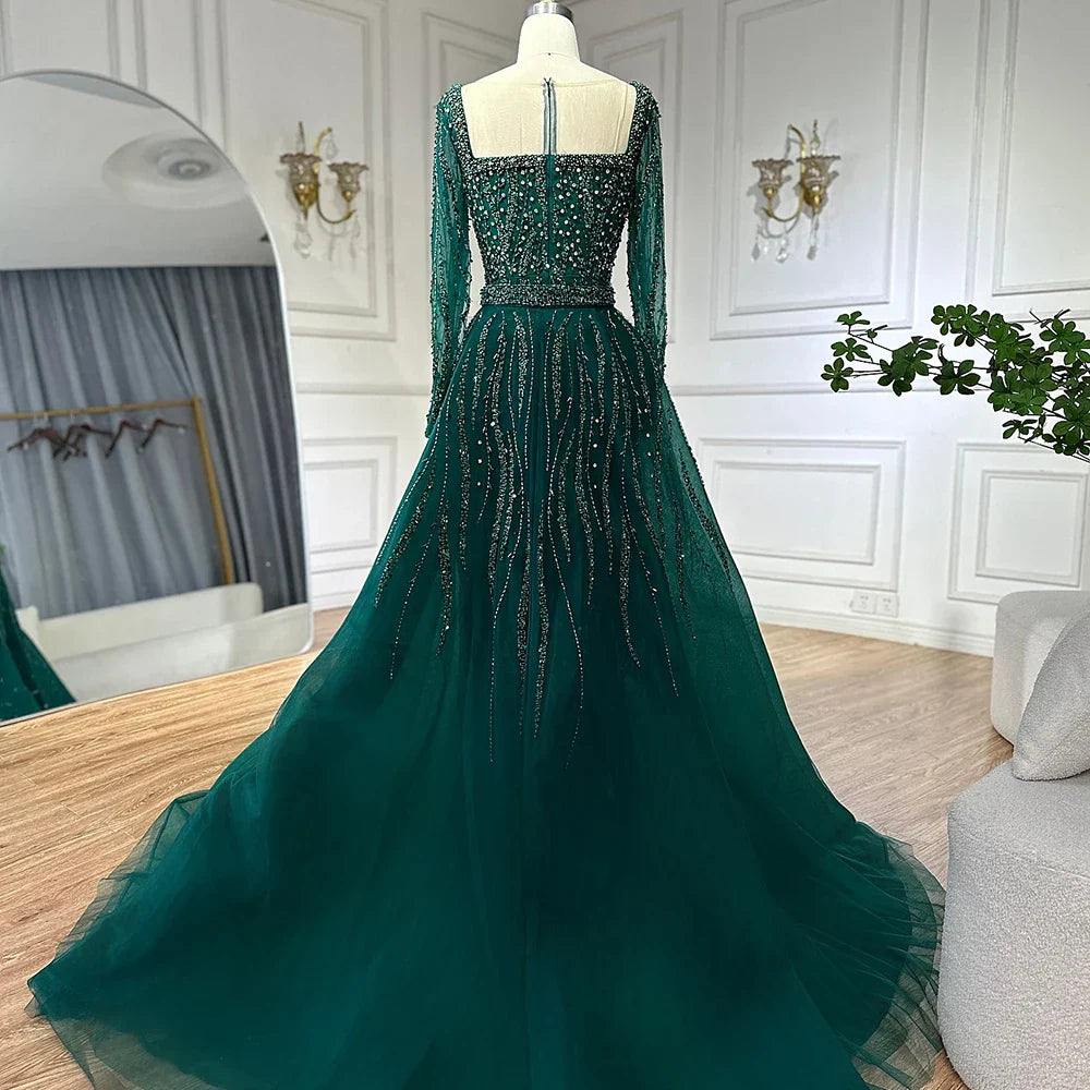 Vestidos de noche de sirena con sobrefalda, color verde árabe, bordados con cuentas, vestidos de lujo para ocasiones formales 2025 LA72710 