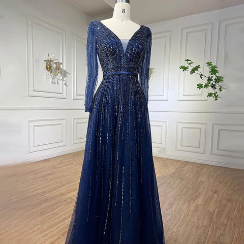 Muslim Navy Long Sleeves A-line Beaded Evening Dresses Forml Occasion Party Gowns For Women LA72019