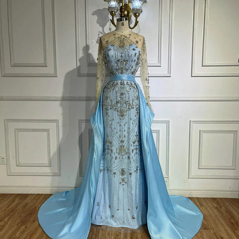 Vestidos de noche de lujo azules con cuentas, de manga larga y sobrefalda LA72757