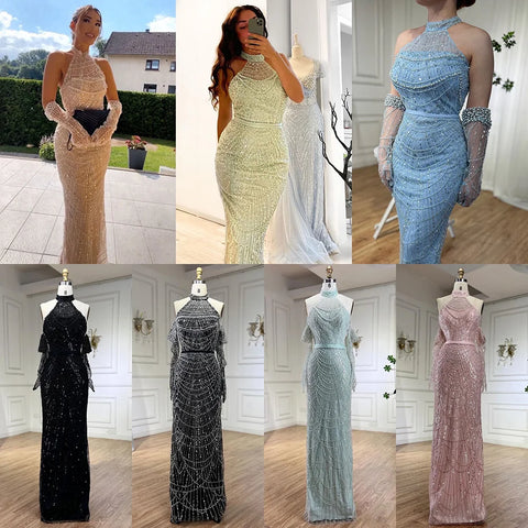 Dubai Arabia Luxury Evening Dresses Gowns 2025 for Women Nude Mermaid With Gloves for Wedding Parties LA72032A