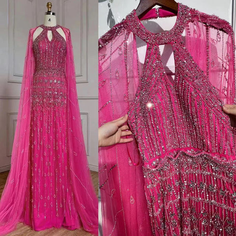 Luxury Dubai Mermaid Fuchsia Evening Dresses with Cape Sleeves LA71817