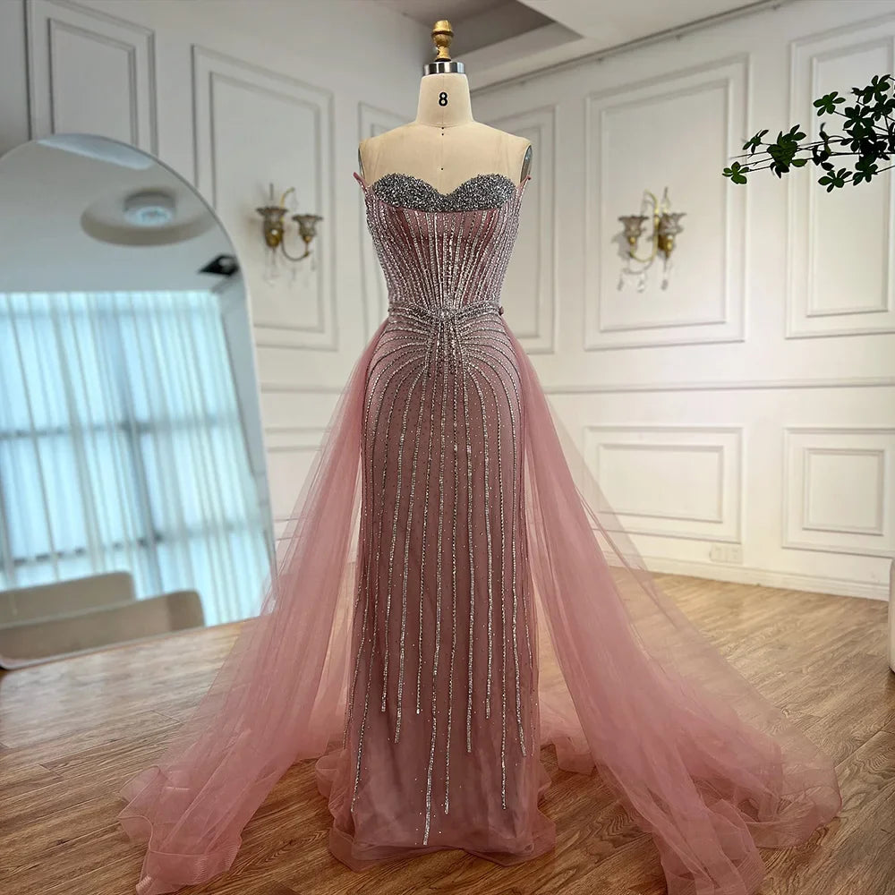 Pink Pearls Beaded Arabic Mermaid Evening Dress with Overskirt LA72811B