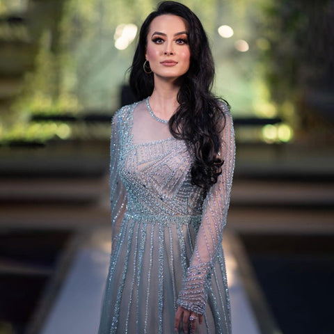 Luxury Turquoise nude A-Line Evening Dresses Gowns 2025 Long Sleeves Beaded Elegant For Women Party LA71659