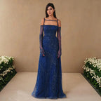 Robe de soirée longue bleu marine style arabe, coupe trapèze, bretelles spaghetti, perles, élégante, pour femme, 2025, LA72469 