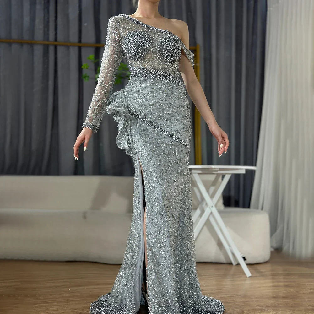 On Sale no return no refund Grey One Shoulder Luxury Evening Dresses Gowns 2025 Beaded Mermaid Elegant For Women Party LA71622