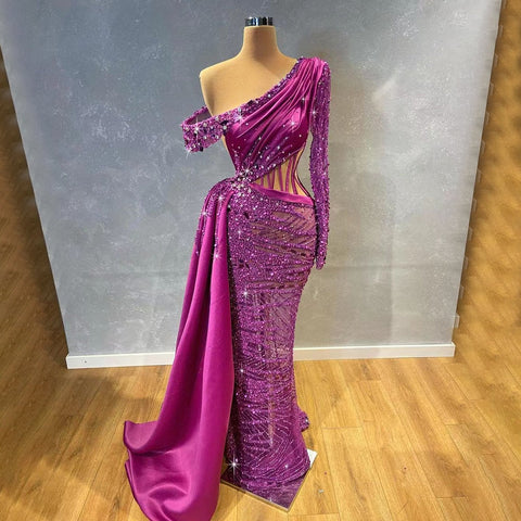 Vestido de noche morado con corte sirena, sexy, de un solo hombro, mangas largas y cuentas, para mujer, fiesta 2025 LA71821 