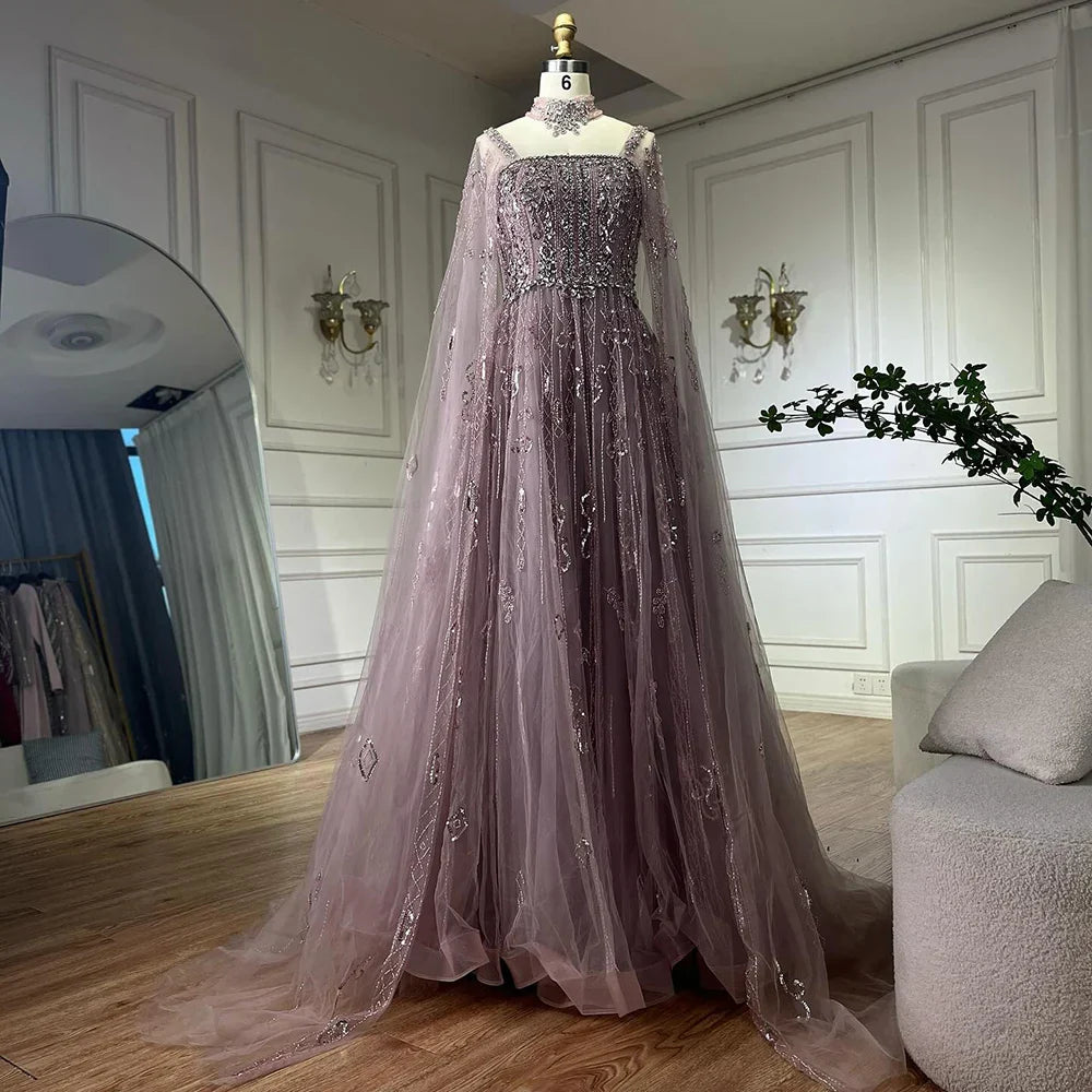 Vestido de noche de lujo saudí LA72764, corte A, manga capa, con cuentas de cristal, estilo árabe, color nude, ideal para ocasiones formales (modelo 2025).