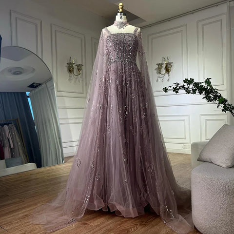 Robe de soirée de luxe arabe couleur chair, coupe trapèze, manches cape, perles de cristal, style saoudien, pour occasions formelles, LA72764, 2025