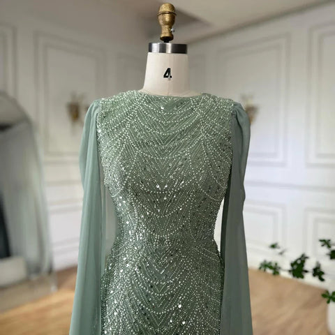 Robe de soirée luxueuse à manches cape et perles, style sirène, bleu saoudien, pour une occasion spéciale, LA72160A, 2025 