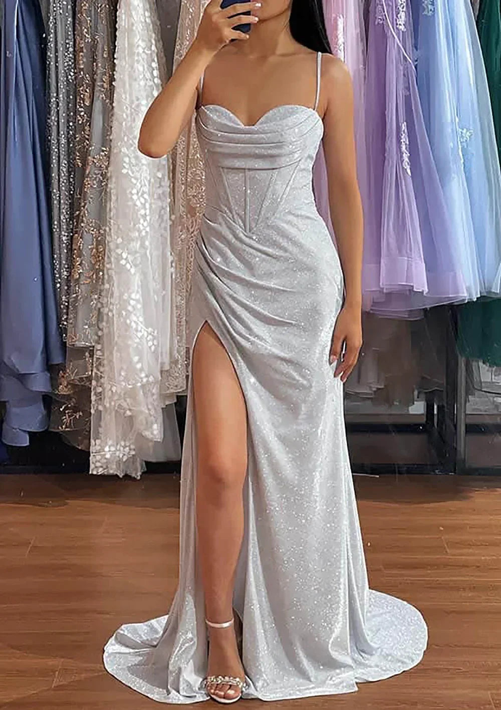 Vestido de fiesta de sirena elegante plateado árabe 2025 con tirantes finos, lentejuelas y abertura plisada para mujer LA72685 