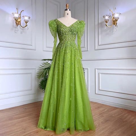 Robe de soirée élégante verte style sirène ornée de perles et manches longues LA71762 