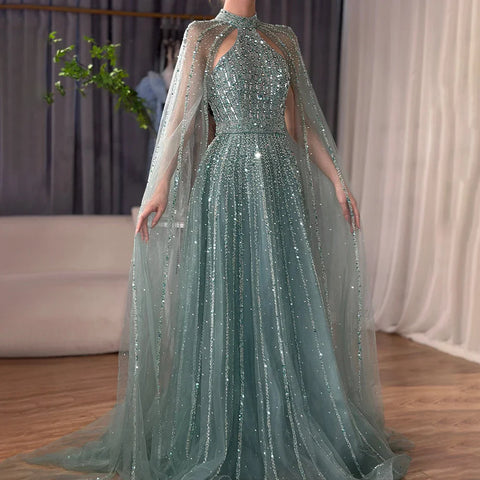 Robe de soirée de luxe style arabe turquoise, coupe trapèze, manches cape, perles, style Dubaï, pour femmes, fête de mariage, 2025, LA72306A 