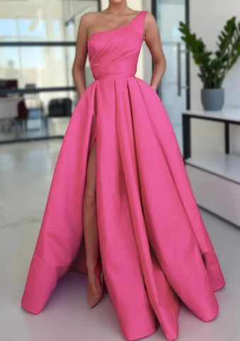 Vestido de fiesta largo hasta el suelo de satén rosa árabe, corte en A, un solo hombro, abertura, volantes y bolsillos, modelo LA72683 