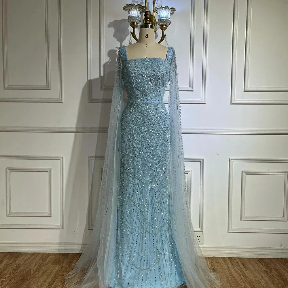 Vestido de noche de sirena color turquesa de Arabia Saudita, con mangas tipo capa con perlas y cuentas, ideal para ocasiones formales (LA72590A) 